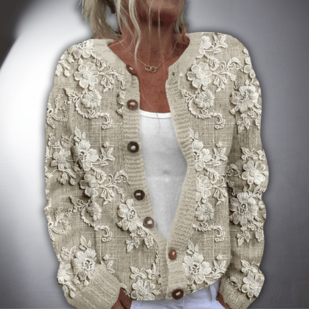 Silke | Handgefertigter Cardigan mit edlem Blumendesign